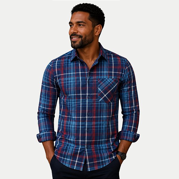 CAMISA AMIL MANGA LONGA COMFORT ALGODÃO XADREZ AZUL TURQUESA MASCULINO ADULTO