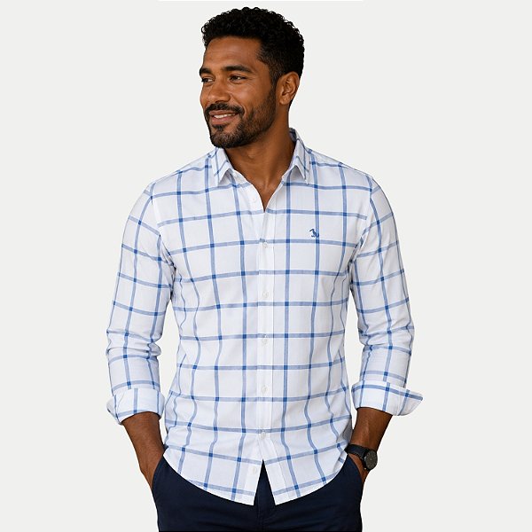 CAMISA AMIL MANGA LONGA COMFORT ALGODÃO XADREZ BRANCO MASCULINO ADULTO