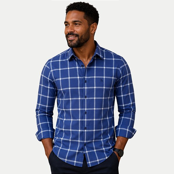 CAMISA AMIL MANGA LONGA COMFORT ALGODÃO XADREZ AZUL ROYAL MASCULINO ADULTO