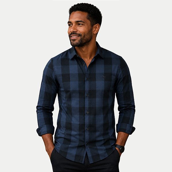 CAMISA AMIL MANGA LONGA SLIM ALGODÃO XADREZ CHUMBO MASCULINO ADULTO