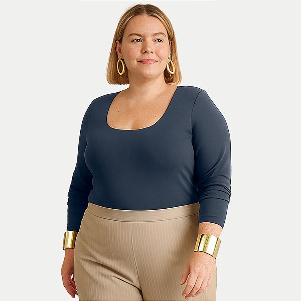 BLUSA LUNENDER MANGA LONGA MAIS MULHER MALHA AZUL MARINHO FEMININO ADULTO