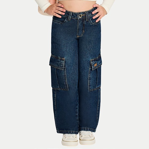 CALÇA MAX TEEN JEANS ESCURO BRUTO CARGO FEMININO INFANTIL