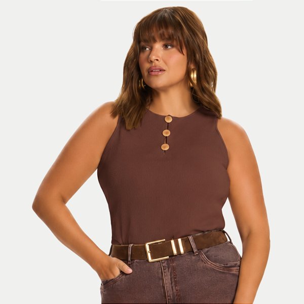 BLUSA DOCE TRAMA REGATA MALHA CANELADA CAFÉ FEMININO ADULTO