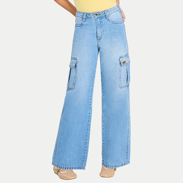 CALÇA MAX TEEN JEANS CLARO BRUTO CARGO FEMININO INFANTIL