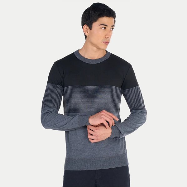 BLUSÃO YACHT TRICÔ LISTRADO SUETER PRETO MASCULINO ADULTO