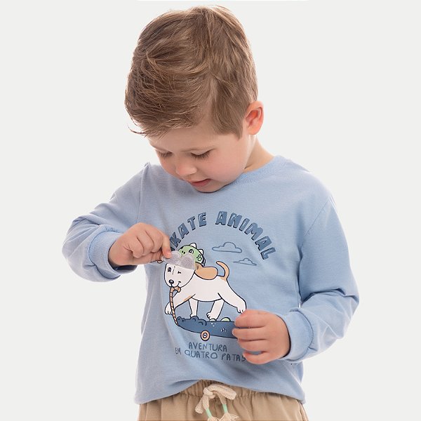CAMISETA BY GUS MANGA LONGA COMFORT ALGODÃO SILKADO AZUL CELESTE MASCULINO INFANTIL