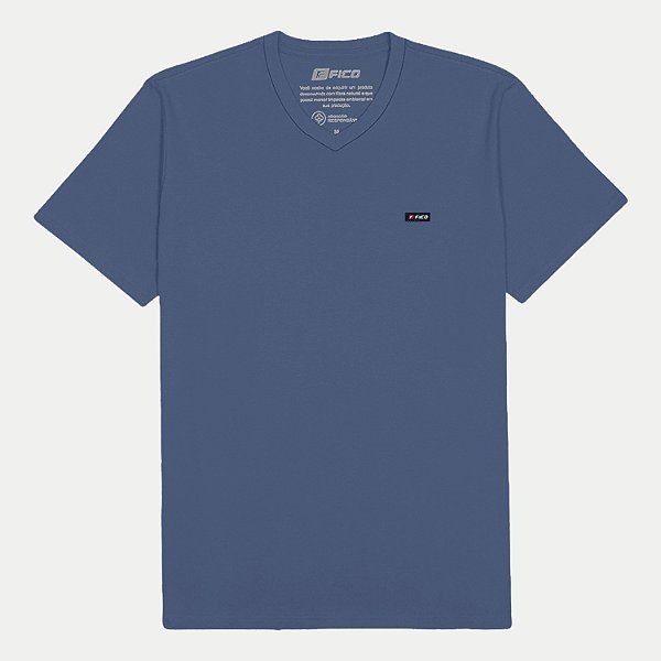 CAMISETA FICO MANGA CURTA COMFORT ALGODÃO LISA GOLA V AZUL OCEANO MASCULINO ADULTO