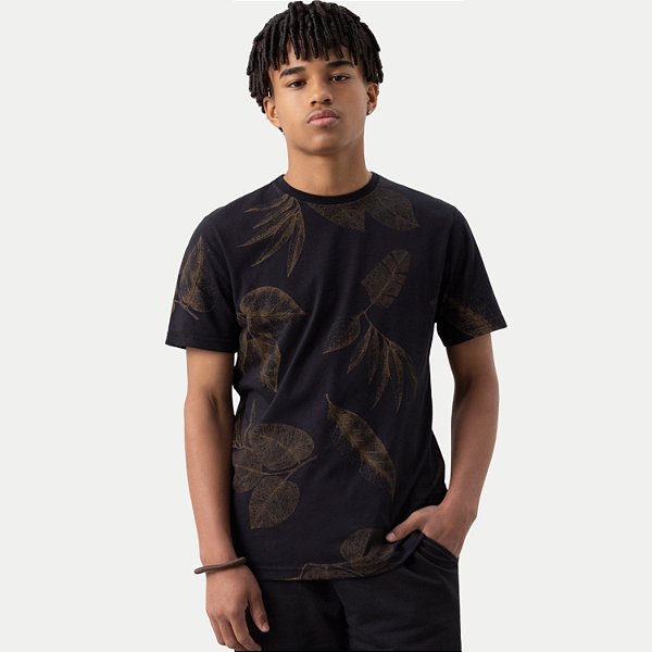 CAMISETA FICO MANGA CURTA COMFORT ALGODÃO ESTAMPADA PRETO MASCULINO ADULTO