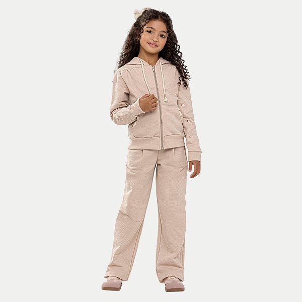 CONJUNTO INVERNO ANGERO CALÇA E JAQUETA COM CAPUZ MOLETOM BEGE FEMININO INFANTIL