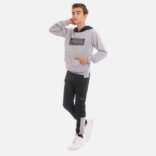CONJUNTO INVERNO BY GUS CALÇA E BLUSÃO COM CAPUZ MOLETOM MESCLA CLARO MASCULINO INFANTIL