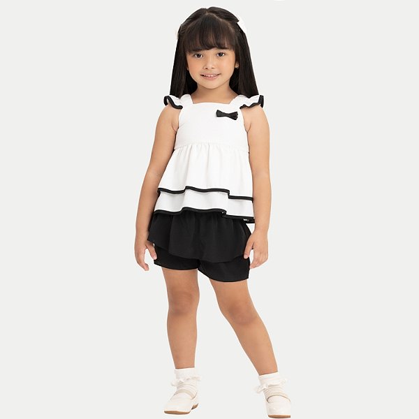 CONJUNTO VERÃO ALAKAZOO SHORT E BLUSA MANGA CURTA MALHA BRANCO E PRETO FEMININO INFANTIL