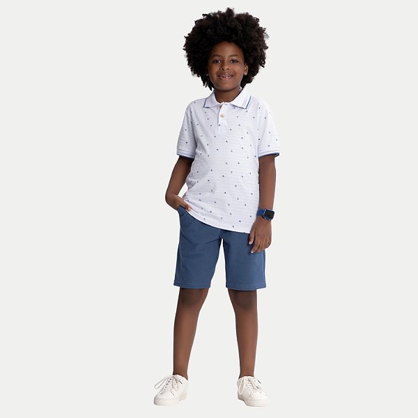 CONJUNTO VERÃO ALAKAZOO BERMUDA E POLO MANGA MALHA BRENCO MASCULINO INFANTIL