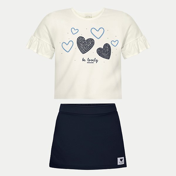 CONJUNTO VERÃO ALAKAZOO SHORT E BLUSA MANGA CURTA MALHA AZUL MARINHO FEMININO INFANTIL