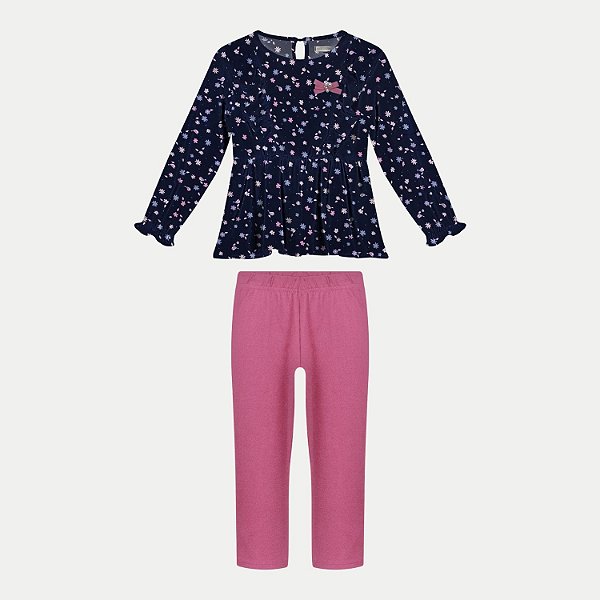 CONJUNTO INVERNO ALAKAZOO CALÇA LEGGING E BLUSA MANGA LONGA AZUL MARINHO FEMININO INFANTIL