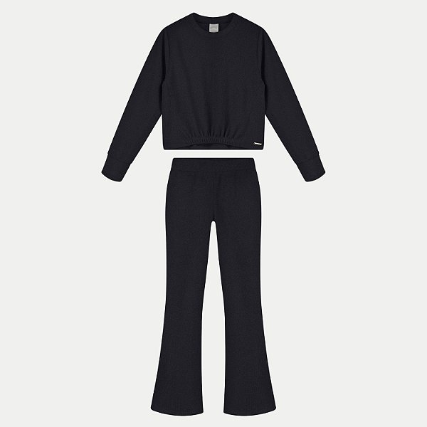 CONJUNTO INVERNO ALAKAZOO CALÇA E BLUSÃO CARECA TRICÔ PRETO FEMININO INFANTIL