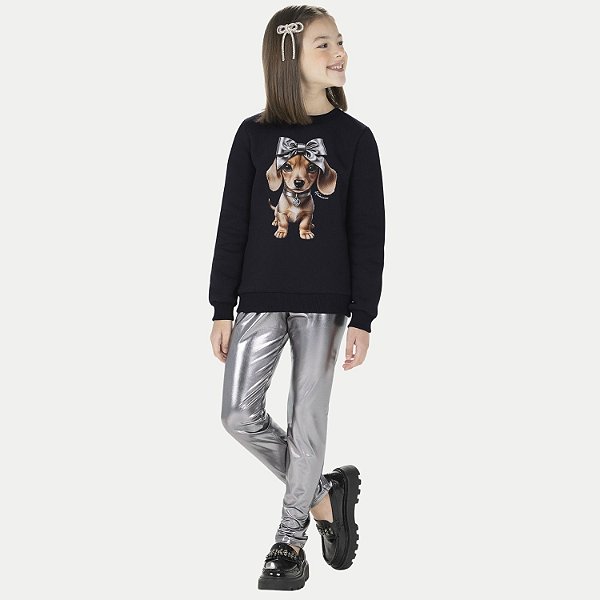 CONJUNTO INVERNO ALAKAZOO CALÇA E BLUSÃO CARECA MOLETOM PRETO FEMININO INFANTIL