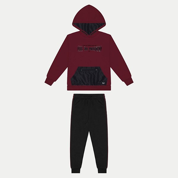 CONJUNTO INVERNO ALAKAZOO CALÇA E BLUSÃO COM CAPUZ MOLETOM BORDÔ MASCULINO INFANTIL
