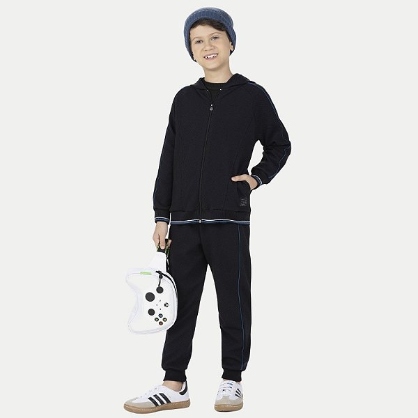 CONJUNTO INVERNO ALAKAZOO CALÇA E JAQUETA COM CAPUZ MOLETOM PRETO MASCULINO INFANTIL