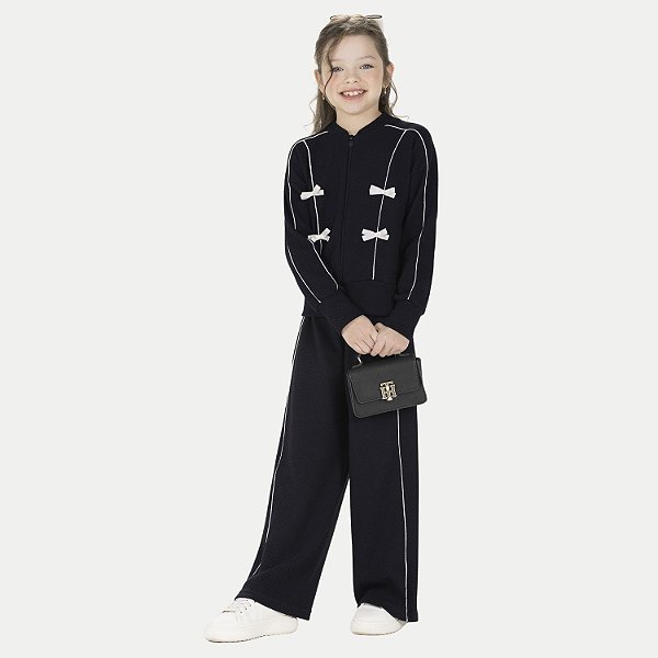 CONJUNTO INVERNO ALAKAZOO CALÇA E JAQUETA MOLETINHO PRETO FEMININO INFANTIL