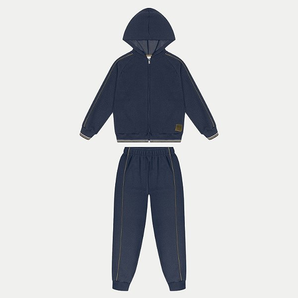 CONJUNTO INVERNO ALAKAZOO CALÇA E JAQUETA COM CAPUZ MOLETOM AZUL MASCULINO INFANTIL