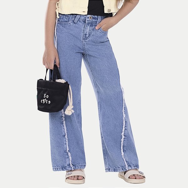 CALÇA ALAKAZOO JEANS CLARO BRUTO WIDE LEG FEMININO INFANTIL