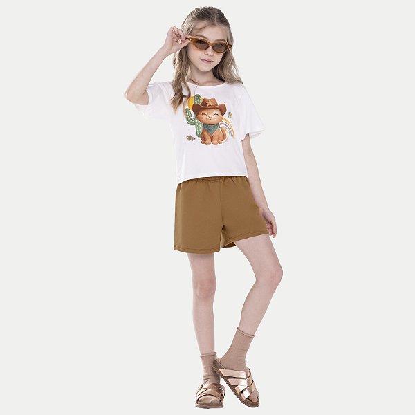 CONJUNTO VERÃO ALAKAZOO SHORT E BLUSA MANGA CURTA ALGODÃO CARAMELO FEMININO INFANTIL