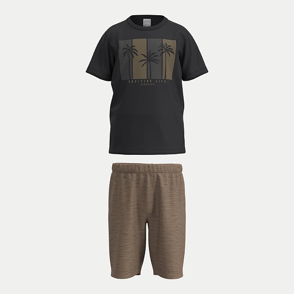 CONJUNTO VERÃO ALAKAZOO BERMUDA MOLETOM E CAMISETA MANGA CURTA PRETO MASCULINO INFANTIL