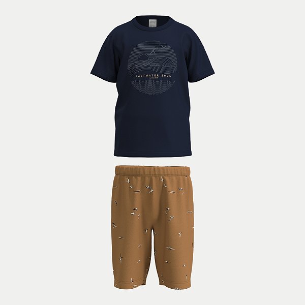 CONJUNTO VERÃO ALAKAZOO BERMUDA MOLETOM E CAMISETA MANGA CURTA MARROM MASCULINO INFANTIL