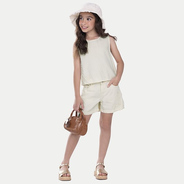 CONJUNTO VERÃO ALAKAZOO SHORT E BLUSA REGATA SARJA OFFWHITE FEMININO INFANTIL