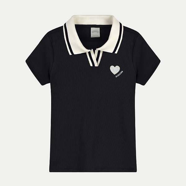 BLUSA ALAKAZOO MANGA CURTA POLO MALHA CANELADA PRETO FEMININO INFANTIL