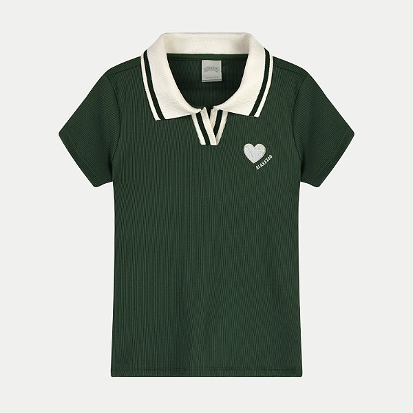 BLUSA ALAKAZOO MANGA CURTA POLO MALHA CANELADA VERDE FEMININO INFANTIL