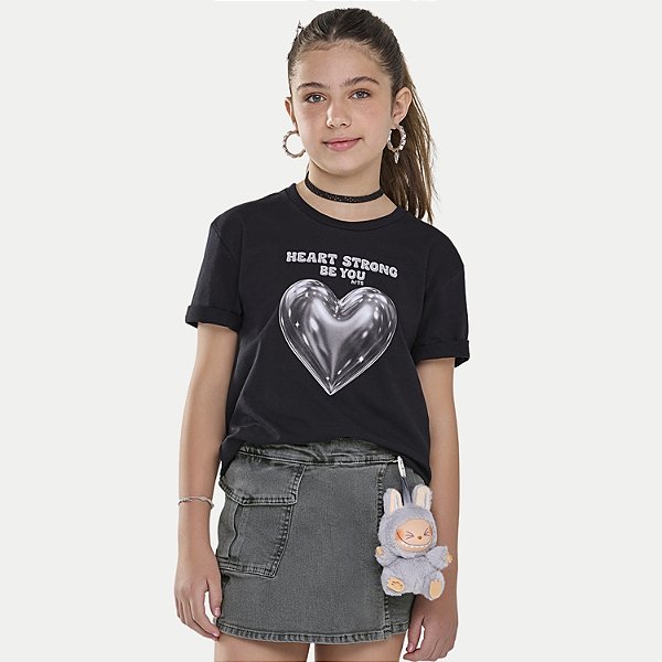 BLUSA LUNENDER HITS MANGA CURTA TSHIRT ALGODÃO SILKADA PRETO FEMININO JUVENIL