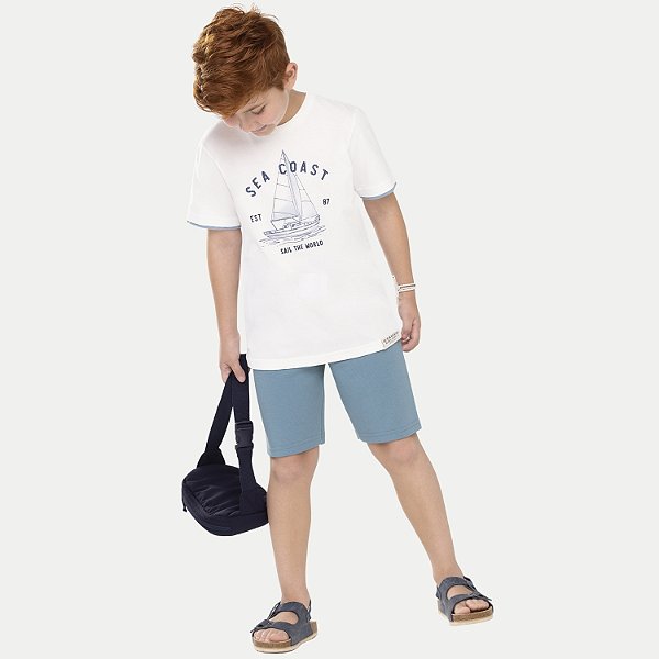 CONJUNTO VERÃO ALAKAZOO BERMUDA E CAMISETA MANGA CURTA ALGODÃO OFFWHITE MASCULINO INFANTIL