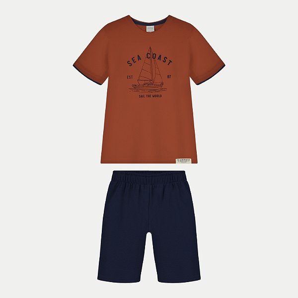 CONJUNTO VERÃO ALAKAZOO BERMUDA E CAMISETA MANGA CURTA ALGODÃO LARANJA MASCULINO INFANTIL