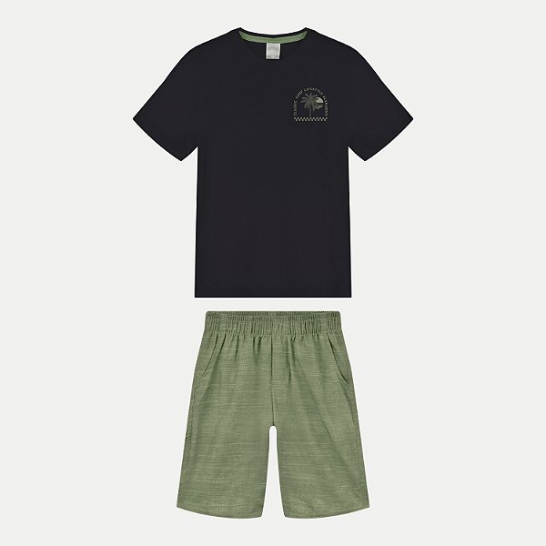 CONJUNTO VERÃO ALAKAZOO BERMUDA E CAMISETA MANGA CURTA MISTO PRETO MASCULINO INFANTIL