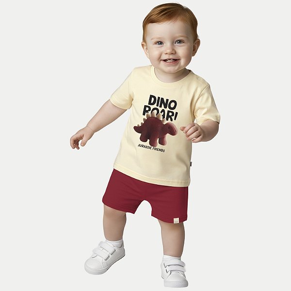 CONJUNTO VERÃO ALAKAZOO BERMUDA E CAMISETA MANGA CURTA ALGODÃO CREME MASCULINO INFANTIL