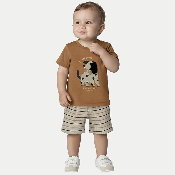 CONJUNTO VERÃO ALAKAZOO BERMUDA E CAMISETA MANGA CURTA MISTO MARROM MASCULINO INFANTIL
