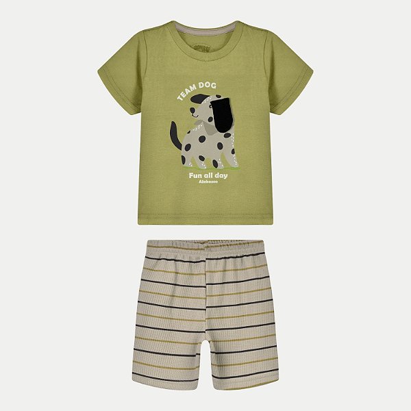 CONJUNTO VERÃO ALAKAZOO BERMUDA E CAMISETA MANGA CURTA MISTO VERDE MASCULINO INFANTIL