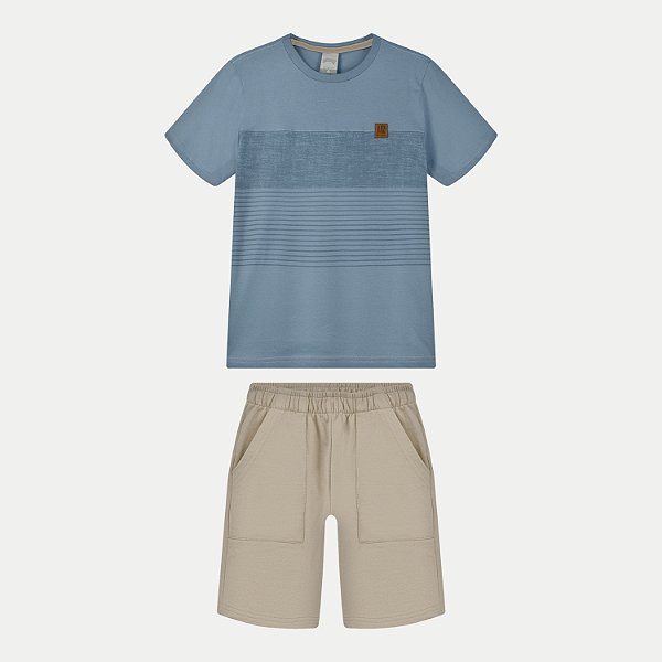 CONJUNTO VERÃO ALAKAZOO BERMUDA E CAMISETA MANGA CURTA ALGODÃO AZUL CELESTE MASCULINO INFANTIL