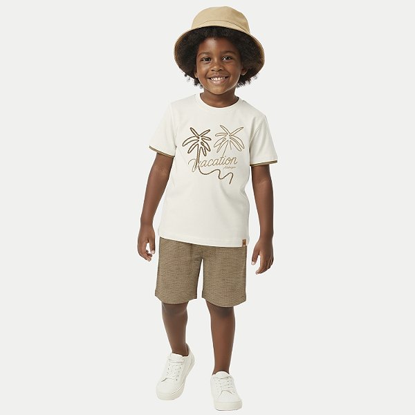 CONJUNTO VERÃO ALAKAZOO BERMUDA E CAMISETA MANGA CURTA ALGODÃO OFFWHITE MASCULINO INFANTIL