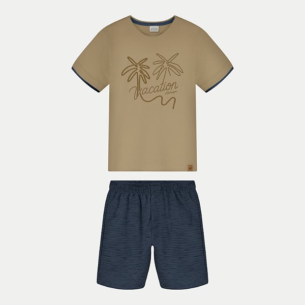 CONJUNTO VERÃO ALAKAZOO BERMUDA E CAMISETA MANGA CURTA ALGODÃO BEGE MASCULINO INFANTIL