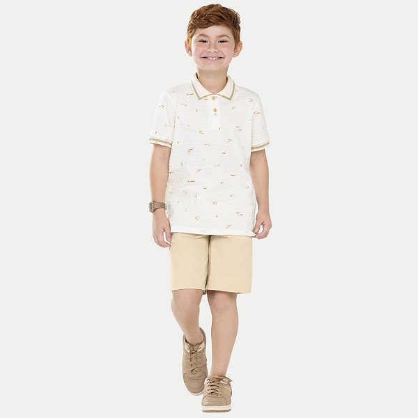 CONJUNTO VERÃO ALAKAZOO BERMUDA E POLO MANGA CURTA ALGODÃO OFFWHITE MASCULINO INFANTIL