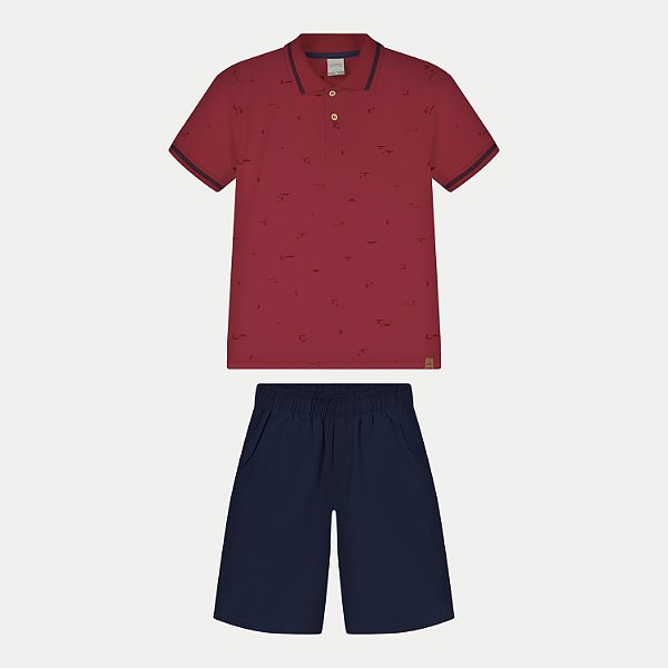 CONJUNTO VERÃO ALAKAZOO BERMUDA E POLO MANGA CURTA ALGODÃO VERMELHO MASCULINO INFANTIL
