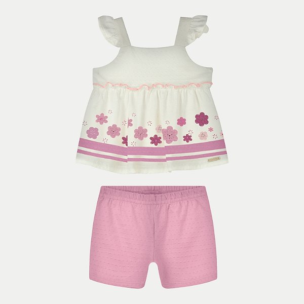 CONJUNTO VERÃO ALAKAZOO SHORT E BLUSA REGATA MALHA ROSA FEMININO INFANTIL