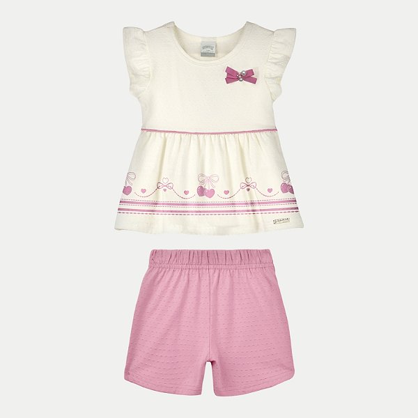 CONJUNTO VERÃO ALAKAZOO SHORT E BLUSA REGATA MALHA ROSA FEMININO INFANTIL