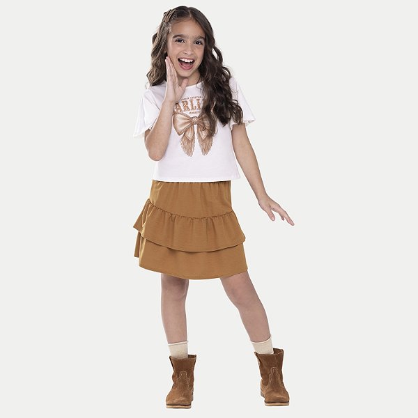 CONJUNTO VERÃO ALAKAZOO SHORT SAIA E BLUSA MANGA CURTA CARAMELO FEMININO INFANTIL