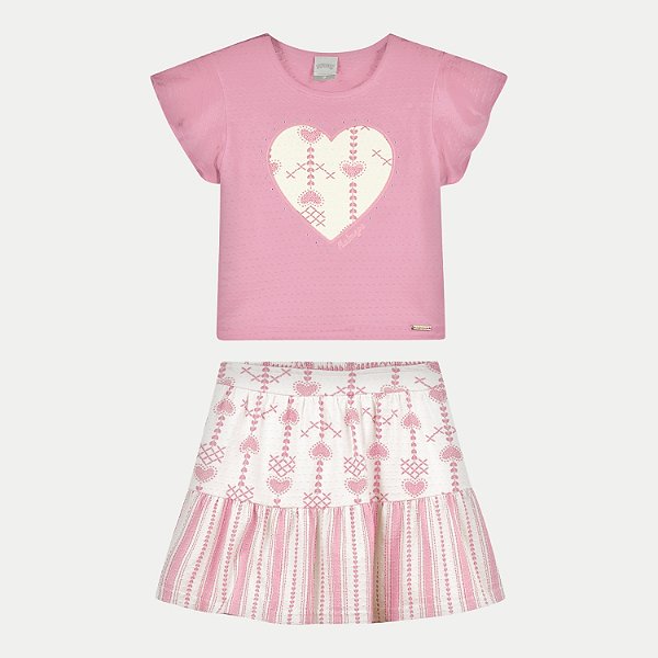 CONJUNTO VERÃO ALAKAZOO SAIA E BLUSA MANGA CURTA MALHA ROSA FEMININO INFANTIL