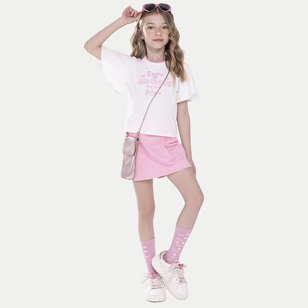 CONJUNTO VERÃO ALAKAZOO SHORT SAIA E BLUSA MANGA CURTA OFFWHITE FEMININO INFANTIL