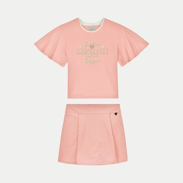 CONJUNTO VERÃO ALAKAZOO SHORT SAIA E BLUSA MANGA CURTA SALMÃO FEMININO INFANTIL