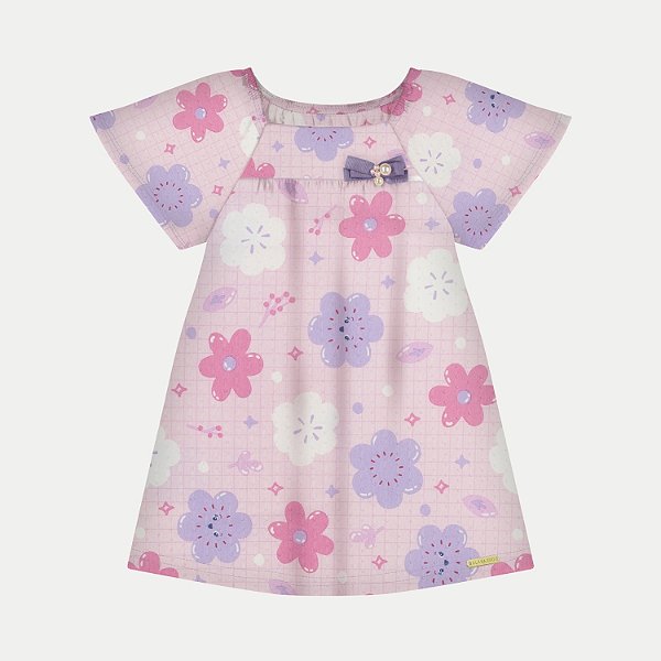 VESTIDO ALAKAZOO MANGA CURTA ALGODÃO E ELASTANO ESTAMPADO ROSA FEMININO INFANTIL